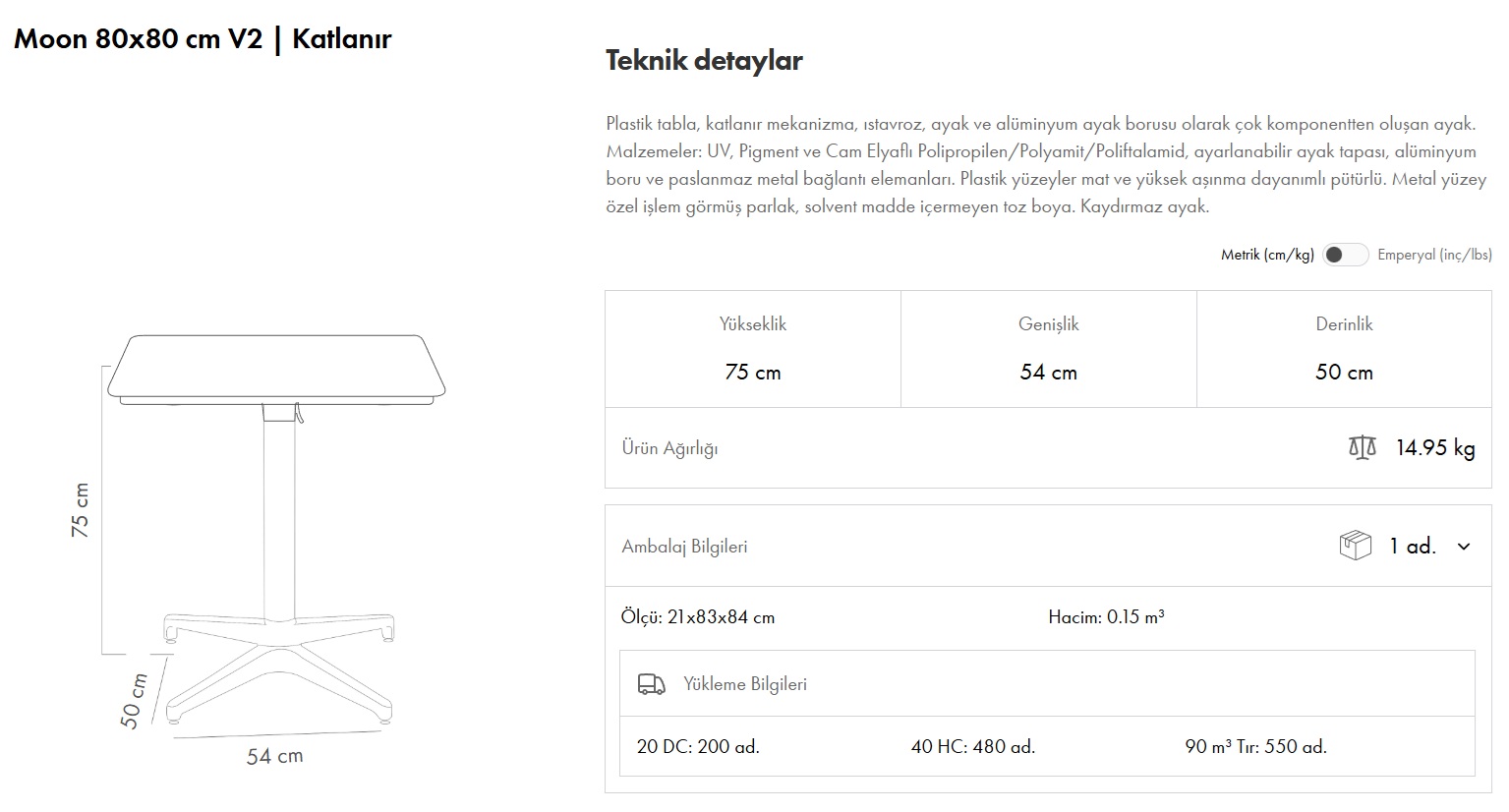 Moon Masa 80x80 V2 Katlanır